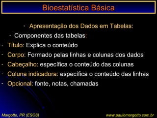 Bioestatística BásicaBioestatística Básica
Margotto, PR (ESCS) www.paulomargotto.com.br
- Apresentação dos Dados em Tabelas:
- Componentes das tabelas:
- Título: Explica o conteúdo
- Corpo: Formado pelas linhas e colunas dos dados
- Cabeçalho: específica o conteúdo das colunas
- Coluna indicadora: específica o conteúdo das linhas
- Opcional: fonte, notas, chamadas
 