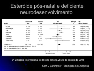 Esteróide pós-natal e deficiente
neurodesenvolvimento
6º Simpósio Internacional do Rio de Janeiro,28-30 de agosto de 2008
Keith J Barrington* - kbarri@po-box.mcgill.ca
 