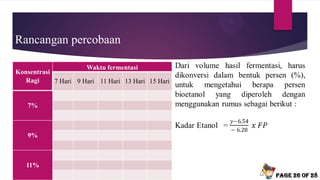 Rancangan percobaan
Konsentrasi
Ragi
Waktu fermentasi
7 Hari 9 Hari 11 Hari 13 Hari 15 Hari
7%
9%
11%
Page 26 of 28
 