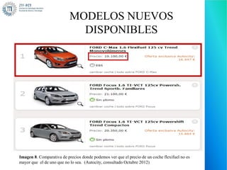 MODELOS NUEVOS
                             DISPONIBLES
El vehículo de combustible flexible o vehículo de dos combustibles es un coche
fabricado con la capacidad de utilizar dos combustibles mezclados en un mismo depósito
de combustible.

  En Europa los modelos más importantes capaces de usar E85 son: (Wikipedia,
  Octubre 2012).

  •Audi: Audi A3 1.6e e-power E85.
  •Citroën: C4 1.6/2.0 BioFlex, Citroën C5 2,0 BioFlex.
  •Ford: Focus, C-Max, Mondeo, S-Max, Galaxy.
  •Koenigsegg CCXR
  •Peugeot: 307 1.6 BioFlex, 308 1.6/2.0 BioFlex, 407 2.0 BioFlex.
  •Saab: 9-5, Saab 9-3, Saab Aero-X 2.7T (concept), Saab BioPower Hybrid E100.
  •Skoda: Octavia MultiFuel 1.6.
  •Volvo: C30 1.8F FlexiFuel, S40 1.8F FlexiFuel, V50 1.8F FlexiFuel, XC60 (concept),
  V70 2.0F FlexiFuel, S80 2.0F FlexiFuel.


Imagen 8. Comparativa de precios donde podemos ver que el precio de un coche flexifuel no es
mayor que el de uno que no lo sea. (Autocity, consultado Octubre 2012)
 