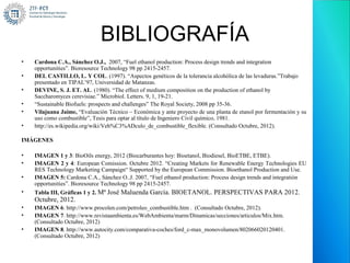 BIBLIOGRAFÍA
•   Cardona C.A., Sánchez O.J., 2007, “Fuel ethanol production: Process design trends and integration
    opportunities”. Bioresource Technology 98 pp 2415-2457.
•   DEL CASTILLO, L. Y COL. (1997). “Aspectos genéticos de la tolerancia alcohólica de las levaduras.”Trabajo
    presentado en TIPAL’97, Universidad de Matanzas.
•   DEVINE, S. J. ET. AL. (1980). “The effect of medium composition on the production of ethanol by
    Saccharomyces cerevisiae.” Microbiol. Letters. 9, 1, 19-21.
•   “Sustainable Biofuels: prospects and challenges” The Royal Society, 2008 pp 35-36.
•   Vilajuana Jaime, “Evaluación Técnico – Económica y ante proyecto de una planta de etanol por fermentación y su
    uso como combustible”, Tesis para optar al título de Ingeniero Civil químico, 1981.
•   http://es.wikipedia.org/wiki/Veh%C3%ADculo_de_combustible_flexible. (Consultado Octubre, 2012).

IMÁGENES

•   IMAGEN 1 y 3: BioOils energy, 2012 (Biocarburantes hoy: Bioetanol, Biodiesel, BioETBE, ETBE).
•   IMAGEN 2 y 4: European Comission. Octubre 2012. “Creating Markets for Renewable Energy Technologies EU
    RES Technology Marketing Campaign“ Supported by the European Commission. Bioethanol Production and Use.
•   IMAGEN 5: Cardona C.A., Sánchez O..J. 2007, “Fuel ethanol production: Process design trends and integratión
    opportunities”. Bioresource Technology 98 pp 2415-2457.
•   Tabla III, Gráficas 1 y 2. Mª José Maluenda García. BIOETANOL. PERSPECTIVAS PARA 2012.
    Octubre, 2012.
•   IMAGEN 6. http://www.procolen.com/petroleo_combustible.htm . (Consultado Octubre, 2012).
•   IMAGEN 7. http://www.revistaambienta.es/WebAmbienta/marm/Dinamicas/secciones/articulos/Mix.htm.
    (Consultado Octubre, 2012)
•   IMAGEN 8. http://www.autocity.com/comparativa-coches/ford_c-max_monovolumen/802066020120401.
    (Consultado Octubre, 2012)
 