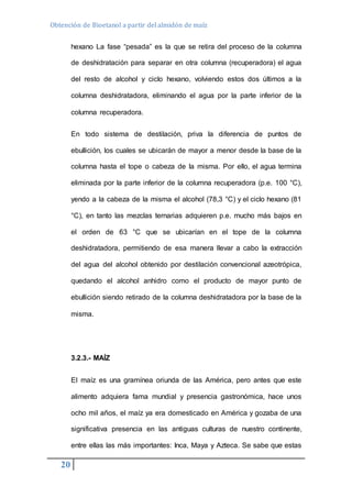 Obtención de Bioetanol a partir del almidón de maíz 
20 
hexano La fase “pesada” es la que se retira del proceso de la columna 
de deshidratación para separar en otra columna (recuperadora) el agua 
del resto de alcohol y ciclo hexano, volviendo estos dos últimos a la 
columna deshidratadora, eliminando el agua por la parte inferior de la 
columna recuperadora. 
En todo sistema de destilación, priva la diferencia de puntos de 
ebullición, los cuales se ubicarán de mayor a menor desde la base de la 
columna hasta el tope o cabeza de la misma. Por ello, el agua termina 
eliminada por la parte inferior de la columna recuperadora (p.e. 100 °C), 
yendo a la cabeza de la misma el alcohol (78,3 °C) y el ciclo hexano (81 
°C), en tanto las mezclas ternarias adquieren p.e. mucho más bajos en 
el orden de 63 °C que se ubicarían en el tope de la columna 
deshidratadora, permitiendo de esa manera llevar a cabo la extracción 
del agua del alcohol obtenido por destilación convencional azeotrópica, 
quedando el alcohol anhidro como el producto de mayor punto de 
ebullición siendo retirado de la columna deshidratadora por la base de la 
misma. 
3.2.3.- MAÍZ 
El maíz es una gramínea oriunda de las América, pero antes que este 
alimento adquiera fama mundial y presencia gastronómica, hace unos 
ocho mil años, el maíz ya era domesticado en América y gozaba de una 
significativa presencia en las antiguas culturas de nuestro continente, 
entre ellas las más importantes: Inca, Maya y Azteca. Se sabe que estas 
 