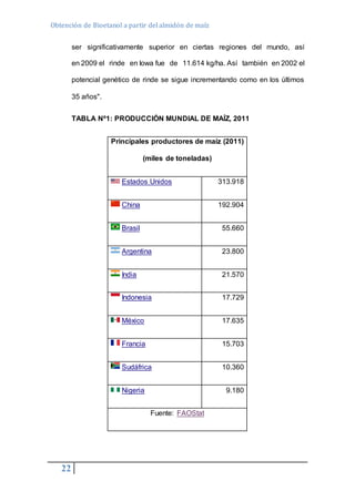 Obtención de Bioetanol a partir del almidón de maíz 
22 
ser significativamente superior en ciertas regiones del mundo, así 
en 2009 el rinde en Iowa fue de 11.614 kg/ha. Así también en 2002 el 
potencial genético de rinde se sigue incrementando como en los últimos 
35 años". 
TABLA Nº1: PRODUCCIÓN MUNDIAL DE MAÍZ, 2011 
Principales productores de maíz (2011) 
(miles de toneladas) 
Estados Unidos 313.918 
China 192.904 
Brasil 55.660 
Argentina 23.800 
India 21.570 
Indonesia 17.729 
México 17.635 
Francia 15.703 
Sudáfrica 10.360 
Nigeria 9.180 
Fuente: FAOStat 
 