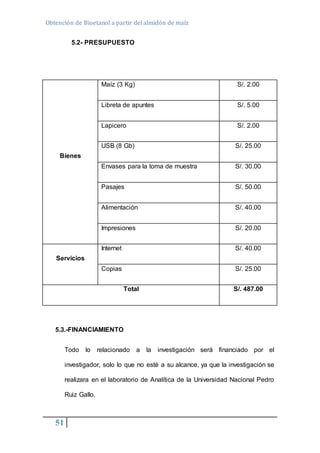 Obtención de Bioetanol a partir del almidón de maíz 
Bienes 
51 
5.2- PRESUPUESTO 
5.3.-FINANCIAMIENTO 
Todo lo relacionado a la investigación será financiado por el 
investigador, solo lo que no esté a su alcance, ya que la investigación se 
realizara en el laboratorio de Analítica de la Universidad Nacional Pedro 
Ruiz Gallo. 
Maíz (3 Kg) S/. 2.00 
Libreta de apuntes S/. 5.00 
Lapicero S/. 2.00 
USB (8 Gb) S/. 25.00 
Envases para la toma de muestra S/. 30.00 
Pasajes S/. 50.00 
Alimentación S/. 40.00 
Impresiones S/. 20.00 
Servicios 
Internet S/. 40.00 
Copias S/. 25.00 
Total S/. 487.00 
 