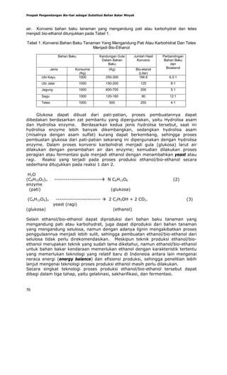 Prospek Pengembangan Bio-fuel sebagai Substitusi Bahan Bakar Minyak



air. Konversi bahan baku tanaman yang mengandung pati atau karbohydrat dan tetes
menjadi bio-ethanol ditunjukkan pada Tabel 1.

Tabel 1. Konversi Bahan Baku Tanaman Yang Mengandung Pati Atau Karbohidrat Dan Tetes
                                 Menjadi Bio-Ethanol

                         Bahan Baku          Kandungan Gula       Jumlah Hasil     Perbandingan
                                              Dalam Bahan           Konversi        Bahan Baku
                                                  Baku                                  dan
                 Jenis            Konsumsi         (Kg)               Bio-etanol     Bioetanol
                                    (Kg)                                (Liter)
         Ubi Kayu                   1000         250-300                166.6         6,5:1
         Ubi Jalar                    1000       150-200                 125           8:1
         Jagung                       1000       600-700                 200           5:1
         Sagu                         1000       120-160                 90            12:1
         Tetes                        1000         500                   250           4:1


      Glukosa dapat dibuat dari pati-patian, proses pembuatannya dapat
dibedakan berdasarkan zat pembantu yang dipergunakan, yaitu Hydrolisa asam
dan Hydrolisa enzyme. Berdasarkan kedua jenis hydrolisa tersebut, saat ini
hydrolisa enzyme lebih banyak dikembangkan, sedangkan hydrolisa asam
(misalnya dengan asam sulfat) kurang dapat berkembang, sehingga proses
pembuatan glukosa dari pati-patian sekarang ini dipergunakan dengan hydrolisa
enzyme. Dalam proses konversi karbohidrat menjadi gula (glukosa) larut air
dilakukan dengan penambahan air dan enzyme; kemudian dilakukan proses
peragian atau fermentasi gula menjadi ethanol dengan menambahkan yeast atau
ragi.    Reaksi yang terjadi pada proses produksi ethanol/bio-ethanol secara
sederhana ditujukkan pada reaksi 1 dan 2.

 H2O
(C6H10O5)n         -------------------------! N C6H12O6                                  (2)
enzyme
 (pati)                                             (glukosa)

(C6H12O6)n         ------------------------ ! 2 C2H5OH + 2 CO2.                                   (3)
                  yeast (ragi)
(glukosa)                                       (ethanol)

Selain ethanol/bio-ethanol dapat diproduksi dari bahan baku tanaman yang
mengandung pati atau karbohydrat, juga dapat diproduksi dari bahan tanaman
yang mengandung selulosa, namun dengan adanya lignin mengakibatkan proses
penggulaannya menjadi lebih sulit, sehingga pembuatan ethanol/bio-ethanol dari
selulosa tidak perlu direkomendasikan. Meskipun teknik produksi ethanol/bio-
ethanol merupakan teknik yang sudah lama diketahui, namun ethanol/bio-ethanol
untuk bahan bakar kendaraan memerlukan ethanol dengan karakteristik tertentu
yang memerlukan teknologi yang relatif baru di Indonesia antara lain mengenai
neraca energi (energy balance) dan efisiensi produksi, sehingga penelitian lebih
lanjut mengenai teknologi proses produksi ethanol masih perlu dilakukan.
Secara singkat teknologi proses produksi ethanol/bio-ethanol tersebut dapat
dibagi dalam tiga tahap, yaitu gelatinasi, sakharifikasi, dan fermentasi.


76
 