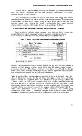 Prospek Pengembangan Bio-fuel sebagai Substitusi Bahan Bakar Minyak



     Gambar diatas menunjukkan suatu proses lengkap dari pembuatan etanol
yang dari bahan pati-patian dimulai dari konveyor, gelatinisasi, fermentasi,
destilasi sampai ke penyimpanan.

     Untuk memperoleh bio-ethanol dengan kemurnian lebih tinggi dari 99,5%
atau yang umum disebut fuel based ethanol, masalah yang timbul adalah sulitnya
memisahkan hidrogen yang terikat dalam struktur kimia alkohol dengan cara
destilasi biasa, oleh karena itu untuk mendapatkan fuel grade ethanol
dilaksanakan pemurnian lebih lanjut dengan cara Azeotropic destilasi.

2.3 Biaya Produksi per Liter Bioetanol Berbahan Baku Ubi Kayu

     Biaya produksi meliputi biaya investasi yang dihitung biaya bunga dan
pengembalian investasi, biaya operasi dan perawatan serta biaya bahan.
Biaya investasi fasilitas produksi bio-ethanol ditunjukkan pada Tabel 2.

          Tabel 2. Biaya Investasi Fasilitas Produksi Bio-Ethanol

        No             Jenis Peralatan                     Harga (US$)
         1    Peralatan Utama                                  5.580.000
         2    Peralatan Pengumpanan                              400.000
         3    Unit Pengolah Limbah                               690.000
         4    Tanah (min 30 Ha)                                   60.000
         5    Power Plant                                        450.000
         6    Bangunan Pabrik dan Kantor                         200.000
              Total                                            7.380.000
                        1$ = Rp. 9000                                Rp.
                                                          66.420.000.000
      Sumber: B2TP, BPPT

Dengan kapasitas produksi yang sebesar 8000 lityer per hari, dan pabrik bekerja
selama 320 hari dalam 1 tahun, umur hidup alat 15 tahun, biaya operasi –
perawatan sebesar 1.5% (tidak termasuk bahan baku dan utilitas) dan bunga
bank 10 %, maka metoda perhitungan double decline diperoleh biaya investasi
dan pengembalian sebesar Rp. 972 per liter bio-ethanol.

Tabel 1 menunjukkan bahwa untuk mengkonversi ubi kayu menjadi 1 liter bio-
ethanol dibutuhkan sekitar 6,5 kg ubi kayu, sehingga apabila harga ubi kayu
sebesar Rp 180 per kg (B2TP, 2005) akan dibutuhkan biaya ubi kayu sebesar Rp
1.384,5. Selain ubi kayu, pada konversi bahan baku tanaman yang mengandung
pati atau karbohydrat menjadi bio-ethonal dibutuhkan bahan pembantu proses
pembuatan glukosa dan bahan pembantu proses peragian atau fermentasi gula
menjadi ethanol yang jenis, konsumsi, dan biayanya ditunjukkan pada Tabel 3.
Total biaya pemakaian bahan baku, bahan pembantu dan utilitas yang
ditunjukkan pada Tabel 3, ditambah dengan biaya investasi serta operasi-
perawatan adalah merupakan merupakan biaya produksi per liter bio-ethanol.




                                                                                            79
 