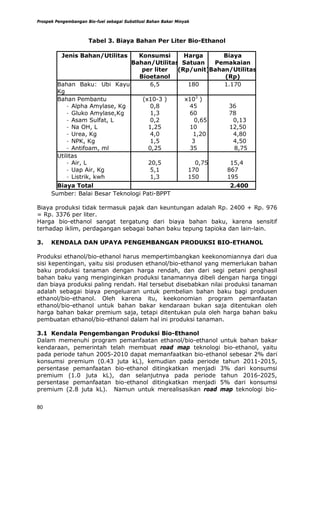Prospek Pengembangan Bio-fuel sebagai Substitusi Bahan Bakar Minyak



                      Tabel 3. Biaya Bahan Per Liter Bio-Ethanol

          Jenis Bahan/Utilitas    Konsumsi      Harga      Biaya
                                Bahan/Utilitas Satuan   Pemakaian
                                   per liter  (Rp/unit)Bahan/Utilitas
                                  Bioetanol                (Rp)
        Bahan Baku: Ubi Kayu,         6,5        180       1.170
        Kg
        Bahan Pembantu             (x10-3 )     x103 )
            - Alpha Amylase, Kg       0,8        45         36
            - Gluko Amylase,Kg        1,3        60         78
            - Asam Sulfat, L          0,2          0,65       0,13
            - Na OH, L               1,25        10          12,50
            - Urea, Kg                4,0         1,20        4,80
            - NPK, Kg                 1,5         3           4,50
            - Antifoam, ml           0,25        35           8,75
        Utilitas
            - Air, L                 20,5          0,75      15,4
            - Uap Air, Kg             5,1        170        867
            - Listrik, kwh            1,3        150        195
        Biaya Total                                                   2.400
      Sumber: Balai Besar Teknologi Pati-BPPT

Biaya produksi tidak termasuk pajak dan keuntungan adalah Rp. 2400 + Rp. 976
= Rp. 3376 per liter.
Harga bio-ethanol sangat tergatung dari biaya bahan baku, karena sensitif
terhadap iklim, perdagangan sebagai bahan baku tepung tapioka dan lain-lain.

3.    KENDALA DAN UPAYA PENGEMBANGAN PRODUKSI BIO-ETHANOL

Produksi ethanol/bio-ethanol harus mempertimbangkan keekonomiannya dari dua
sisi kepentingan, yaitu sisi produsen ethanol/bio-ethanol yang memerlukan bahan
baku produksi tanaman dengan harga rendah, dan dari segi petani penghasil
bahan baku yang menginginkan produksi tanamannya dibeli dengan harga tinggi
dan biaya produksi paling rendah. Hal tersebut disebabkan nilai produksi tanaman
adalah sebagai biaya pengeluaran untuk pembelian bahan baku bagi produsen
ethanol/bio-ethanol. Oleh karena itu, keekonomian program pemanfaatan
ethanol/bio-ethanol untuk bahan bakar kendaraan bukan saja ditentukan oleh
harga bahan bakar premium saja, tetapi ditentukan pula oleh harga bahan baku
pembuatan ethanol/bio-ethanol dalam hal ini produksi tanaman.

3.1 Kendala Pengembangan Produksi Bio-Ethanol
Dalam memenuhi program pemanfaatan ethanol/bio-ethanol untuk bahan bakar
kendaraan, pemerintah telah membuat road map teknologi bio-ethanol, yaitu
pada periode tahun 2005-2010 dapat memanfaatkan bio-ethanol sebesar 2% dari
konsumsi premium (0.43 juta kL), kemudian pada periode tahun 2011-2015,
persentase pemanfaatan bio-ethanol ditingkatkan menjadi 3% dari konsumsi
premium (1.0 juta kL), dan selanjutnya pada periode tahun 2016-2025,
persentase pemanfaatan bio-ethanol ditingkatkan menjadi 5% dari konsumsi
premium (2.8 juta kL). Namun untuk merealisasikan road map teknologi bio-


80
 