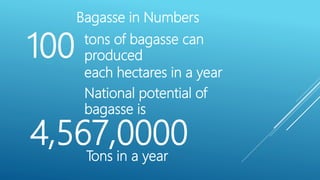 tons of bagasse can
produced100
each hectares in a year
Bagasse in Numbers
National potential of
bagasse is
4,567,0000
Tons in a year
 