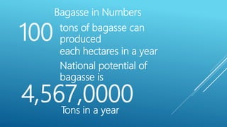 tons of bagasse can
produced100
each hectares in a year
Bagasse in Numbers
National potential of
bagasse is
4,567,0000
Tons in a year
 