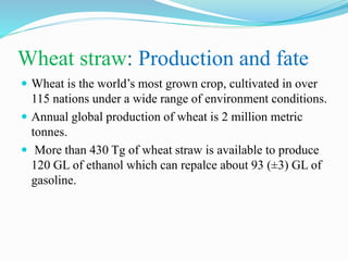 Wheat straw: Production and fate
 Wheat is the world’s most grown crop, cultivated in over
115 nations under a wide range of environment conditions.
 Annual global production of wheat is 2 million metric
tonnes.
 More than 430 Tg of wheat straw is available to produce
120 GL of ethanol which can repalce about 93 (±3) GL of
gasoline.
 