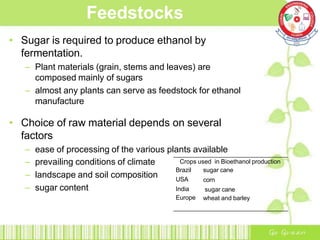 Feedstocks
• Sugar is required to produce ethanol by
fermentation.
– Plant materials (grain, stems and leaves) are
composed mainly of sugars
– almost any plants can serve as feedstock for ethanol
manufacture
• Choice of raw material depends on several
factors
– ease of processing of the various plants available
– prevailing conditions of climate
– landscape and soil composition
– sugar content
Crops used in Bioethanol production
Brazil
USA
India
Europe
sugar cane
corn
sugar cane
wheat and barley
 