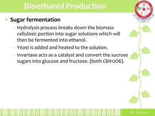 Bioethanol Production
• Sugar fermentation
– Hydrolysis process breaks down the biomass
cellulosic portion into sugar solutions which will
then be fermented into ethanol.
– Yeast is added and heated to the solution.
– Invertase acts as a catalyst and convert the sucrose
sugars into glucose and fructose. (both C6H12O6).
 
