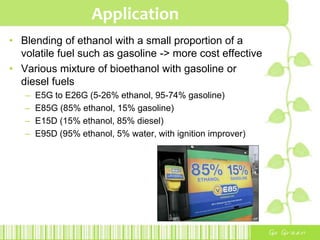 Fuel PropertiesReid vapour pressure (measure for the volatility of a fuel)Very low for ethanol, indicates a slow evaporationAdv: the concentration of evaporative emissions in the air remains relatively low, reduces the risk of explosionsDisadv: low vapour pressure of ethanol -> Cold start difficultiesengines using ethanol cannot be started at temp < 20ºC w/o aids