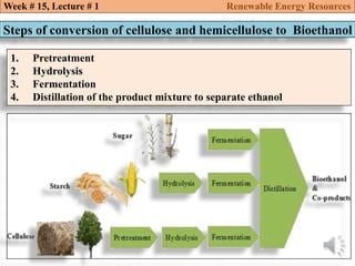 Week # 15, Lecture # 1 Renewable Energy Resources
Steps of conversion of cellulose and hemicellulose to Bioethanol
1. Pretreatment
2. Hydrolysis
3. Fermentation
4. Distillation of the product mixture to separate ethanol
 