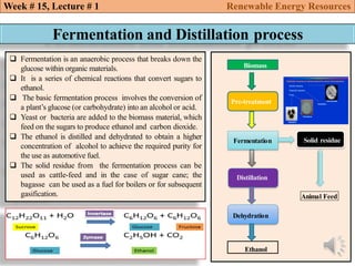  Fermentation is an anaerobic process that breaks down the
glucose within organic materials.
 It is a series of chemical reactions that convert sugars to
ethanol.
 The basic fermentation process involves the conversion of
a plant’s glucose (or carbohydrate) into an alcohol or acid.
 Yeast or bacteria are added to the biomass material, which
feed on the sugars to produce ethanol and carbon dioxide.
 The ethanol is distilled and dehydrated to obtain a higher
concentration of alcohol to achieve the required purity for
the use as automotive fuel.
 The solid residue from the fermentation process can be
used as cattle-feed and in the case of sugar cane; the
bagasse can be used as a fuel for boilers or for subsequent
gasification.
Week # 15, Lecture # 1 Renewable Energy Resources
Fermentation and Distillation process
Animal Feed
Biomass
Pre-treatment
Solid residue
Fermentation
Distillation
Dehydration
Ethanol
 