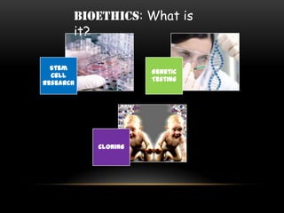 Stem
Cell
Research
Genetic
Testing
Cloning
BIOETHICS: What is
it?
 