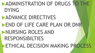 ADMINISTRATION OF DRUGS TO THE
DYING
ADVANCE DIRECTIVES
END OF LIFE CARE PLAN OR DNR
NURSING ROLES AND
RESPONSIBILTIES
ETHICAL DECISION MAKING PROCESS
 