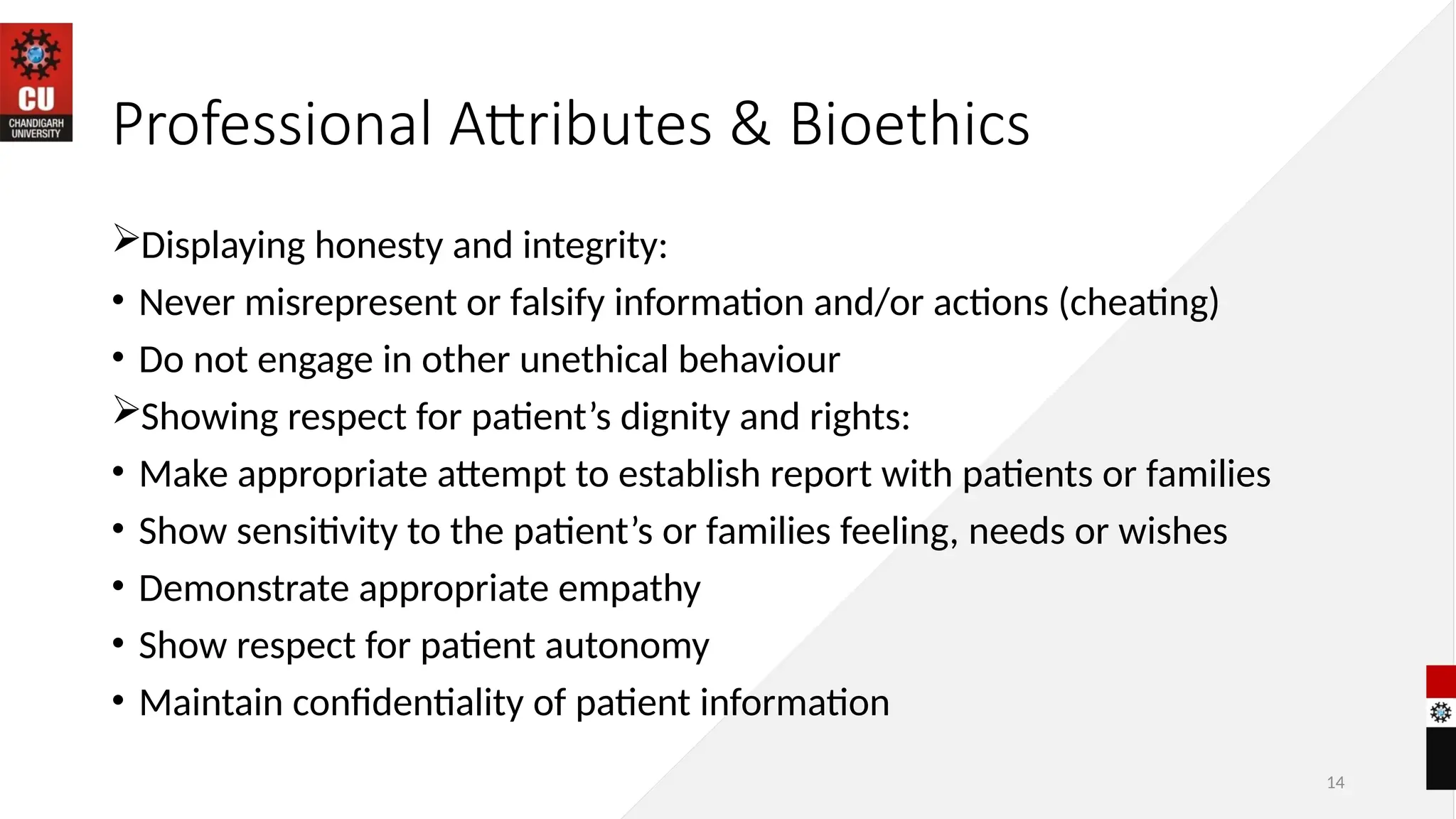 14
Professional Attributes & Bioethics
Displaying honesty and integrity:
• Never misrepresent or falsify information and/or actions (cheating)
• Do not engage in other unethical behaviour
Showing respect for patient’s dignity and rights:
• Make appropriate attempt to establish report with patients or families
• Show sensitivity to the patient’s or families feeling, needs or wishes
• Demonstrate appropriate empathy
• Show respect for patient autonomy
• Maintain confidentiality of patient information
 
