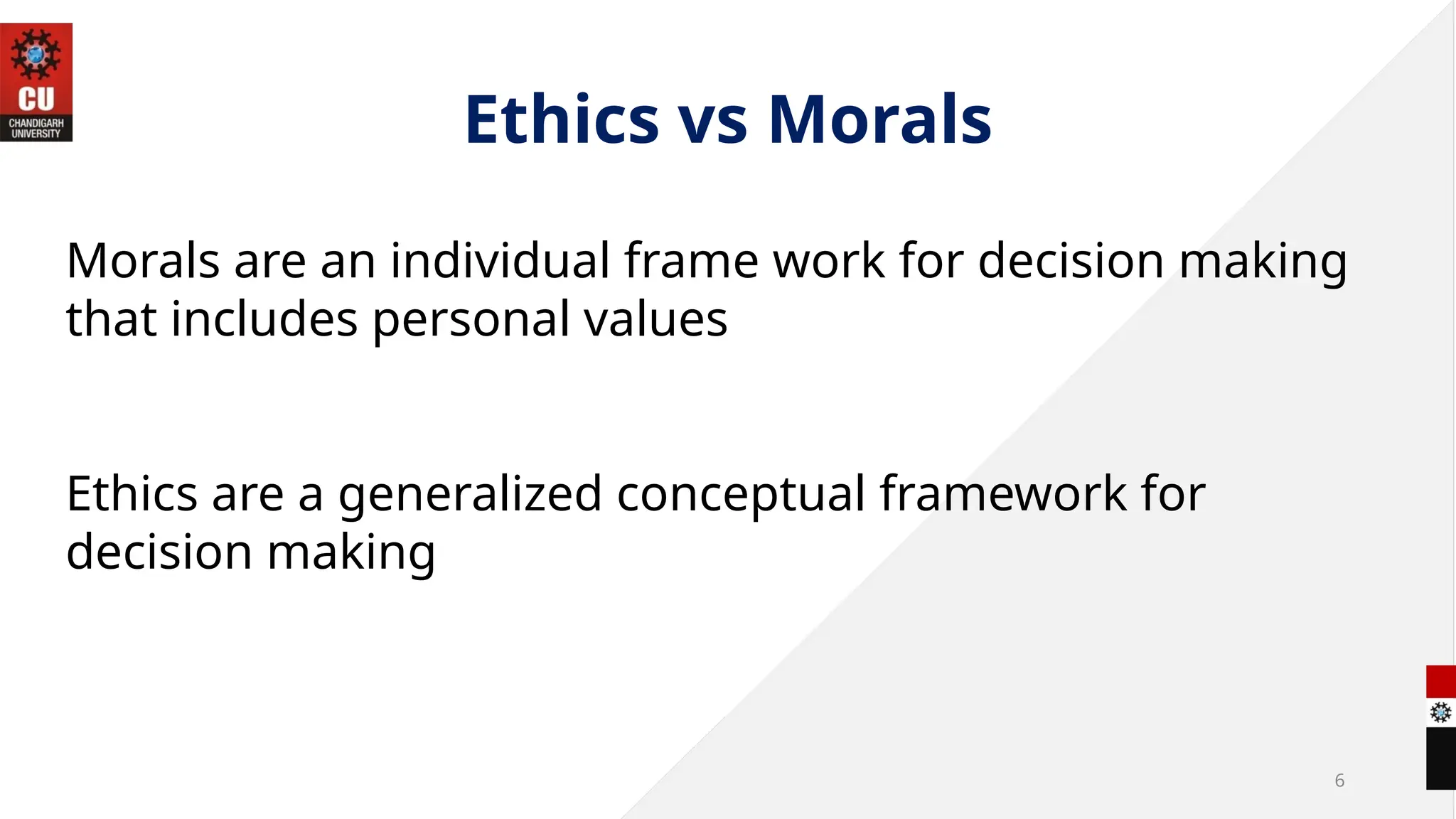Ethics vs Morals
6
Morals are an individual frame work for decision making
that includes personal values
Ethics are a generalized conceptual framework for
decision making
 