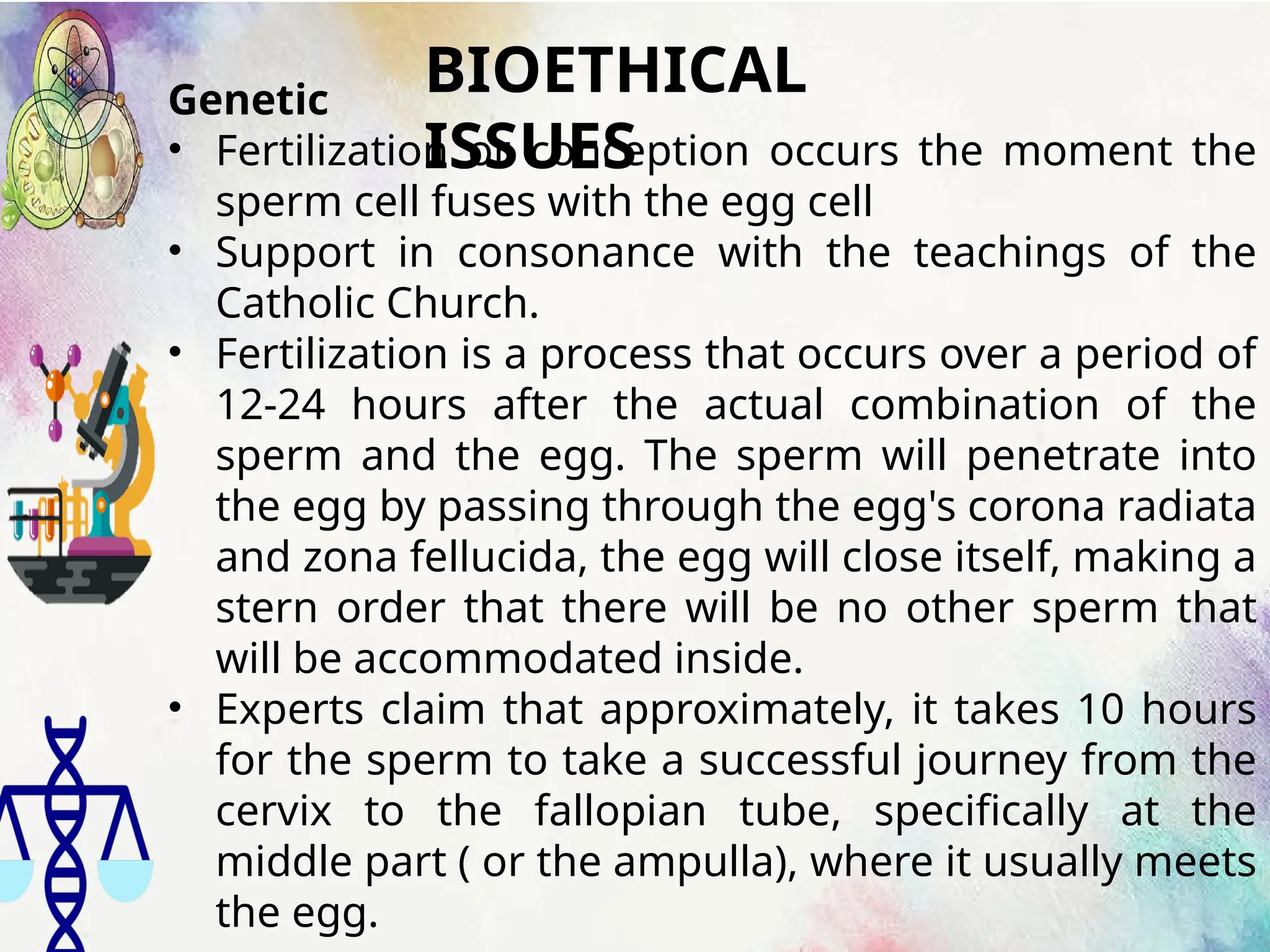 BIOETHICAL
ISSUES
Genetic
• Fertilization or conception occurs the moment the
sperm cell fuses with the egg cell
• Support in consonance with the teachings of the
Catholic Church.
• Fertilization is a process that occurs over a period of
12-24 hours after the actual combination of the
sperm and the egg. The sperm will penetrate into
the egg by passing through the egg's corona radiata
and zona fellucida, the egg will close itself, making a
stern order that there will be no other sperm that
will be accommodated inside.
• Experts claim that approximately, it takes 10 hours
for the sperm to take a successful journey from the
cervix to the fallopian tube, specifically at the
middle part ( or the ampulla), where it usually meets
the egg.
 
