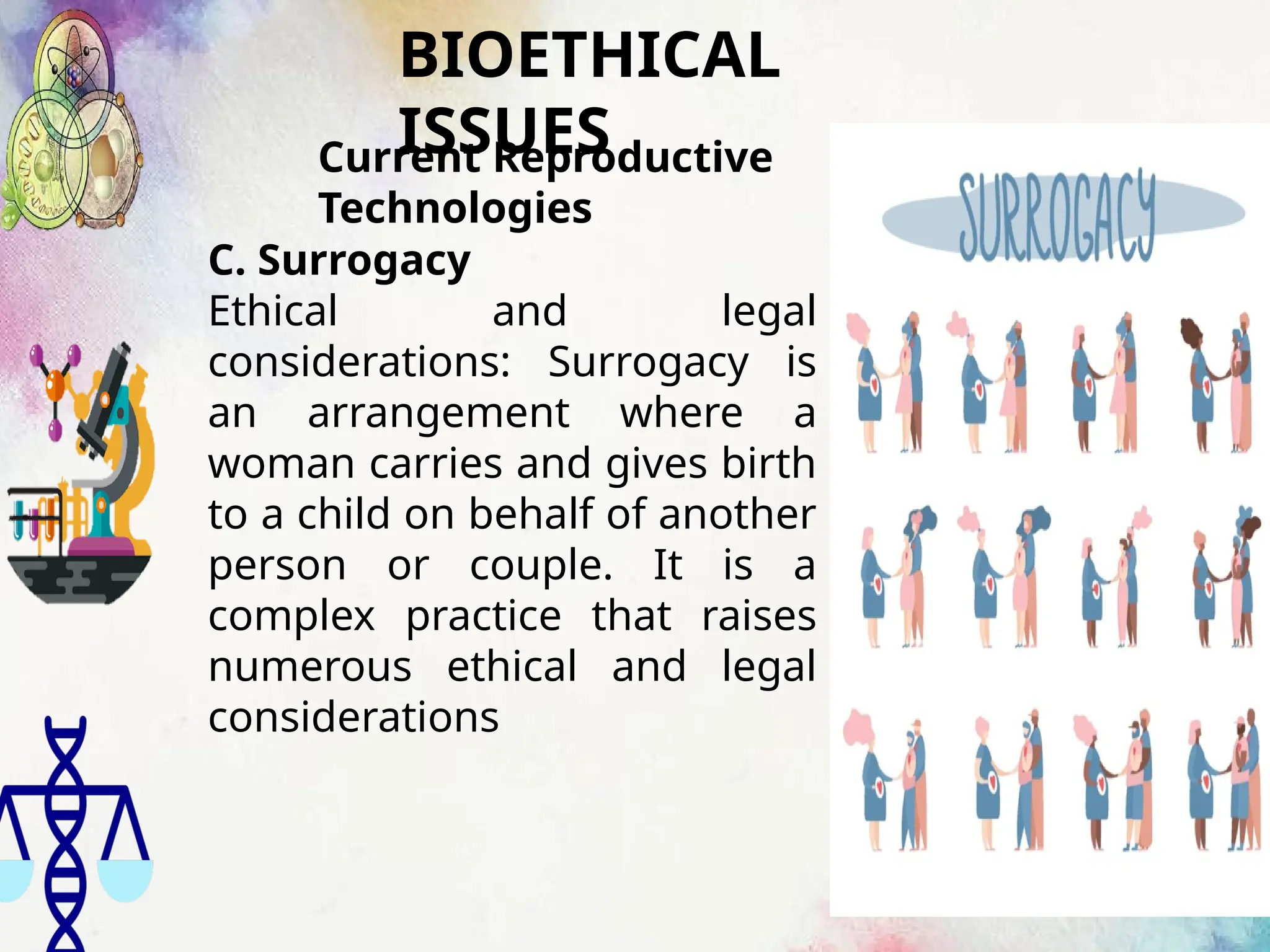 BIOETHICAL
ISSUES
Current Reproductive
Technologies
C. Surrogacy
Ethical and legal
considerations: Surrogacy is
an arrangement where a
woman carries and gives birth
to a child on behalf of another
person or couple. It is a
complex practice that raises
numerous ethical and legal
considerations
 