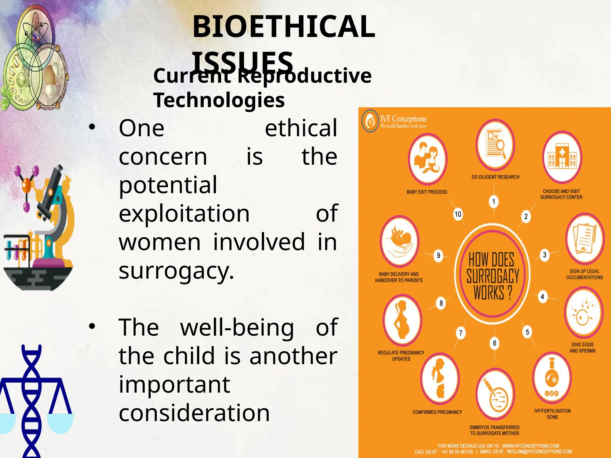 BIOETHICAL
ISSUES
Current Reproductive
Technologies
PG
D
• One ethical
concern is the
potential
exploitation of
women involved in
surrogacy.
• The well-being of
the child is another
important
consideration
 