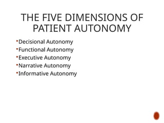 THE FIVE DIMENSIONS OF
PATIENT AUTONOMY
Decisional Autonomy
Functional Autonomy
Executive Autonomy
Narrative Autonomy
Informative Autonomy
 