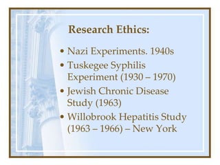 Research Ethics:
• Nazi Experiments. 1940s
• Tuskegee Syphilis
Experiment (1930 – 1970)
• Jewish Chronic Disease
Study (1963)
• Willobrook Hepatitis Study
(1963 – 1966) – New York
 
