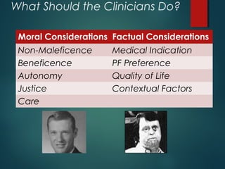 What Should the Clinicians Do?
Moral Considerations Factual Considerations
Non-Maleficence Medical Indication
Beneficence PF Preference
Autonomy Quality of Life
Justice Contextual Factors
Care
 