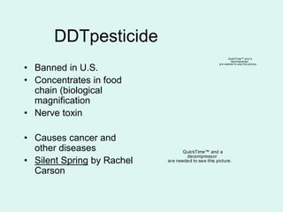 DDTpesticide
• Banned in U.S.
• Concentrates in food
chain (biological
magnification
• Nerve toxin
• Causes cancer and
other diseases
• Silent Spring by Rachel
Carson
QuickTime™ and a
decompressor
are needed to see this picture.
QuickTime™ and a
decompressor
are needed to see this picture.
 
