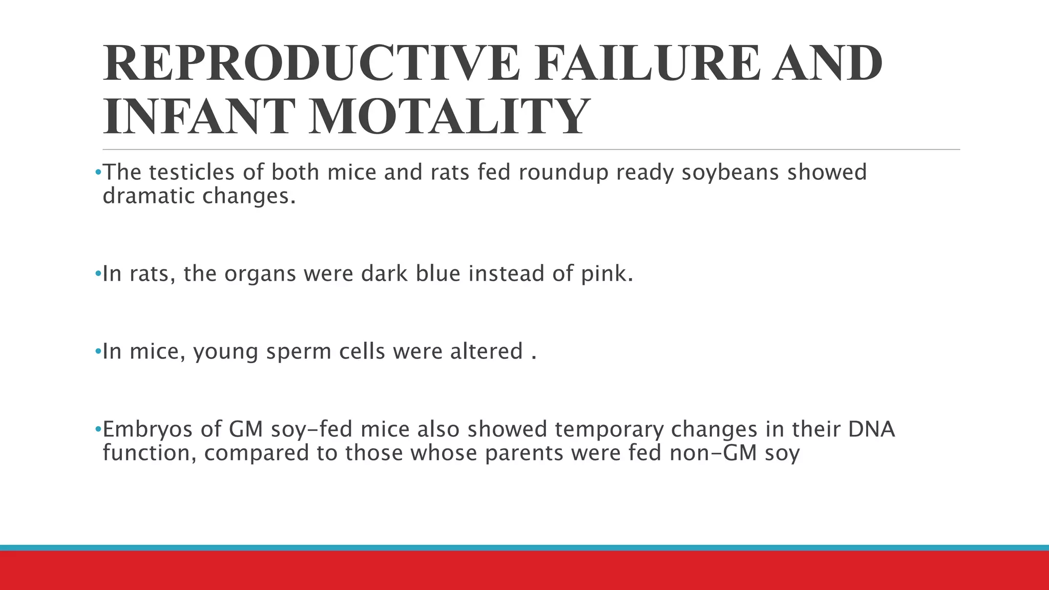 REPRODUCTIVE FAILURE AND
INFANT MOTALITY
•The testicles of both mice and rats fed roundup ready soybeans showed
dramatic changes.
•In rats, the organs were dark blue instead of pink.
•In mice, young sperm cells were altered .
•Embryos of GM soy-fed mice also showed temporary changes in their DNA
function, compared to those whose parents were fed non-GM soy
 