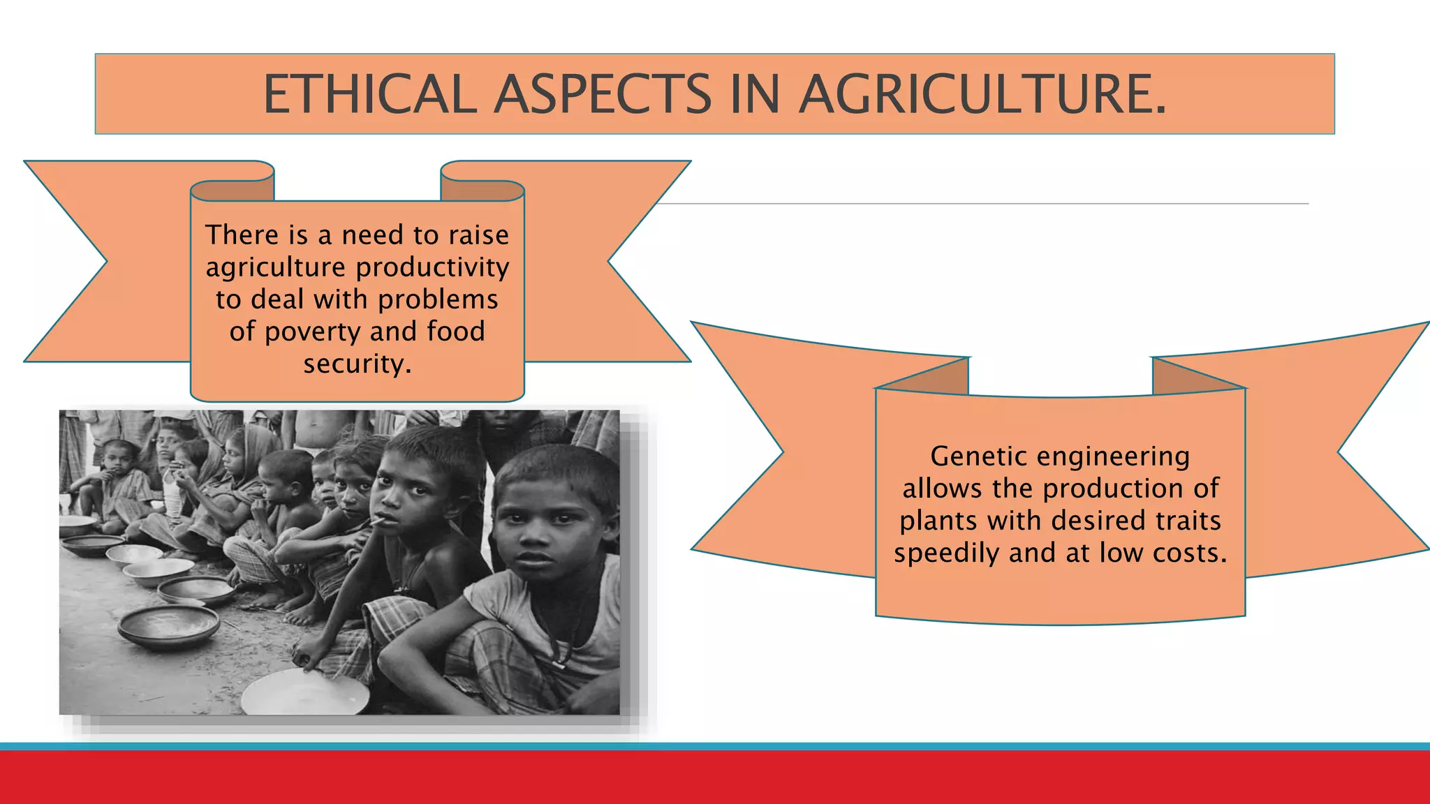 ETHICAL ASPECTS IN AGRICULTURE.
There is a need to raise
agriculture productivity
to deal with problems
of poverty and food
security.
Genetic engineering
allows the production of
plants with desired traits
speedily and at low costs.
 