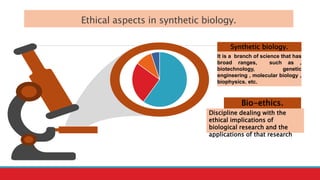 Ethical aspects in synthetic biology.
Bio-ethics.
Synthetic biology.
It is a branch of science that has
broad ranges, such as ,
biotechnology, genetic
engineering , molecular biology ,
biophysics. etc.
Discipline dealing with the
ethical implications of
biological research and the
applications of that research
 