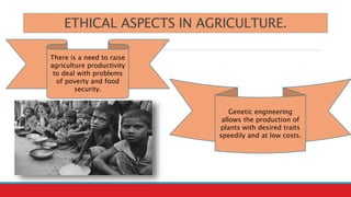 ETHICAL ASPECTS IN AGRICULTURE.
There is a need to raise
agriculture productivity
to deal with problems
of poverty and food
security.
Genetic engineering
allows the production of
plants with desired traits
speedily and at low costs.
 