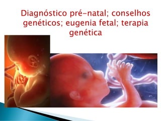 Diagnóstico pré-natal; conselhos
genéticos; eugenia fetal; terapia
genética
 