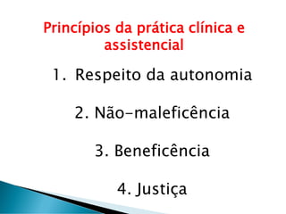 Princípios da prática clínica e
assistencial
1. Respeito da autonomia
2. Não-maleficência
3. Beneficência
4. Justiça
 