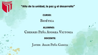 CURSO:
ALUMNO:
DOCENTE:
Bioética
Cherres Peña Andrea Victoria
Javier Aram Peña Garcia
“Año de la unidad, la paz y el desarrollo”
 