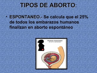 TIPOS DE ABORTO:
               ABORTO
• ESPONTANEO.- Se calcula que el 25%
  de todos los embarazos humanos
  finalizan en aborto espontáneo
 
