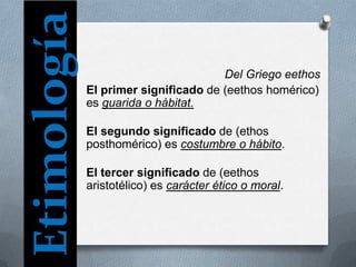 Etimología Del Griego eethos
El primer significado de (eethos homérico)
es guarida o hábitat.
El segundo significado de (ethos
posthomérico) es costumbre o hábito.
El tercer significado de (eethos
aristotélico) es carácter ético o moral.
 