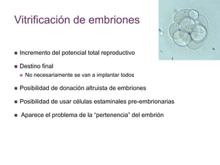 Vitrificación de embriones 
 Incremento del potencial total reproductivo 
 Destino final 
 No necesariamente se van a implantar todos 
 Posibilidad de donación altruista de embriones 
 Posibilidad de usar células estaminales pre-embrionarias 
 Aparece el problema de la “pertenencia” del embrión 
 