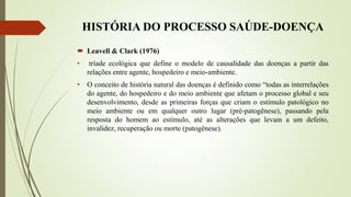 HISTÓRIA DO PROCESSO SAÚDE-DOENÇA
 Leavell & Clark (1976)
• tríade ecológica que define o modelo de causalidade das doenças a partir das
relações entre agente, hospedeiro e meio-ambiente.
• O conceito de história natural das doenças é definido como “todas as interrelações
do agente, do hospedeiro e do meio ambiente que afetam o processo global e seu
desenvolvimento, desde as primeiras forças que criam o estímulo patológico no
meio ambiente ou em qualquer outro lugar (pré-patogênese), passando pela
resposta do homem ao estímulo, até as alterações que levam a um defeito,
invalidez, recuperação ou morte (patogênese).
 