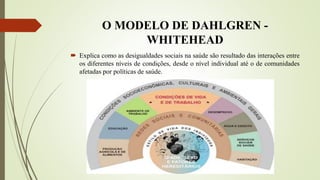 O MODELO DE DAHLGREN -
WHITEHEAD
 Explica como as desigualdades sociais na saúde são resultado das interações entre
os diferentes níveis de condições, desde o nível individual até o de comunidades
afetadas por políticas de saúde.
 