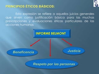 PRINCIPIOS ÉTICOS BÁSICOS:
Esta expresión se refiere a aquellos juicios generales
que sirven como justificación básica para las muchas
prescripciones y evaluaciones éticas particulares de las
acciones humanas

INFORME BELMONT

Beneficencia

Justicia

Respeto por las personas

 