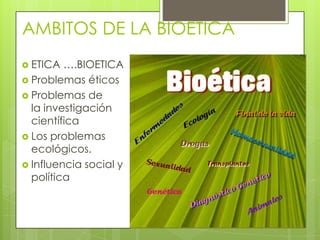 AMBITOS DE LA BIOETICA
 ETICA  ….BIOETICA
 Problemas éticos
 Problemas de
  la investigación
  científica
 Los problemas
  ecológicos.
 Influencia social y
  política
 