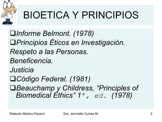 BIOETICA Y PRINCIPIOS Informe Belmont. (1978) Principios Éticos en Investigación. Respeto a las Personas. Beneficencia. Justicia Código Federal. (1981) Beauchamp y Childress, “Principles of Biomedical Ethics” 1 ª, ed.  (1978) 