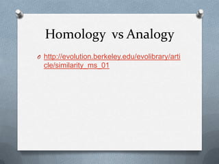 Homology vs Analogy
O http://evolution.berkeley.edu/evolibrary/arti

cle/similarity_ms_01

 