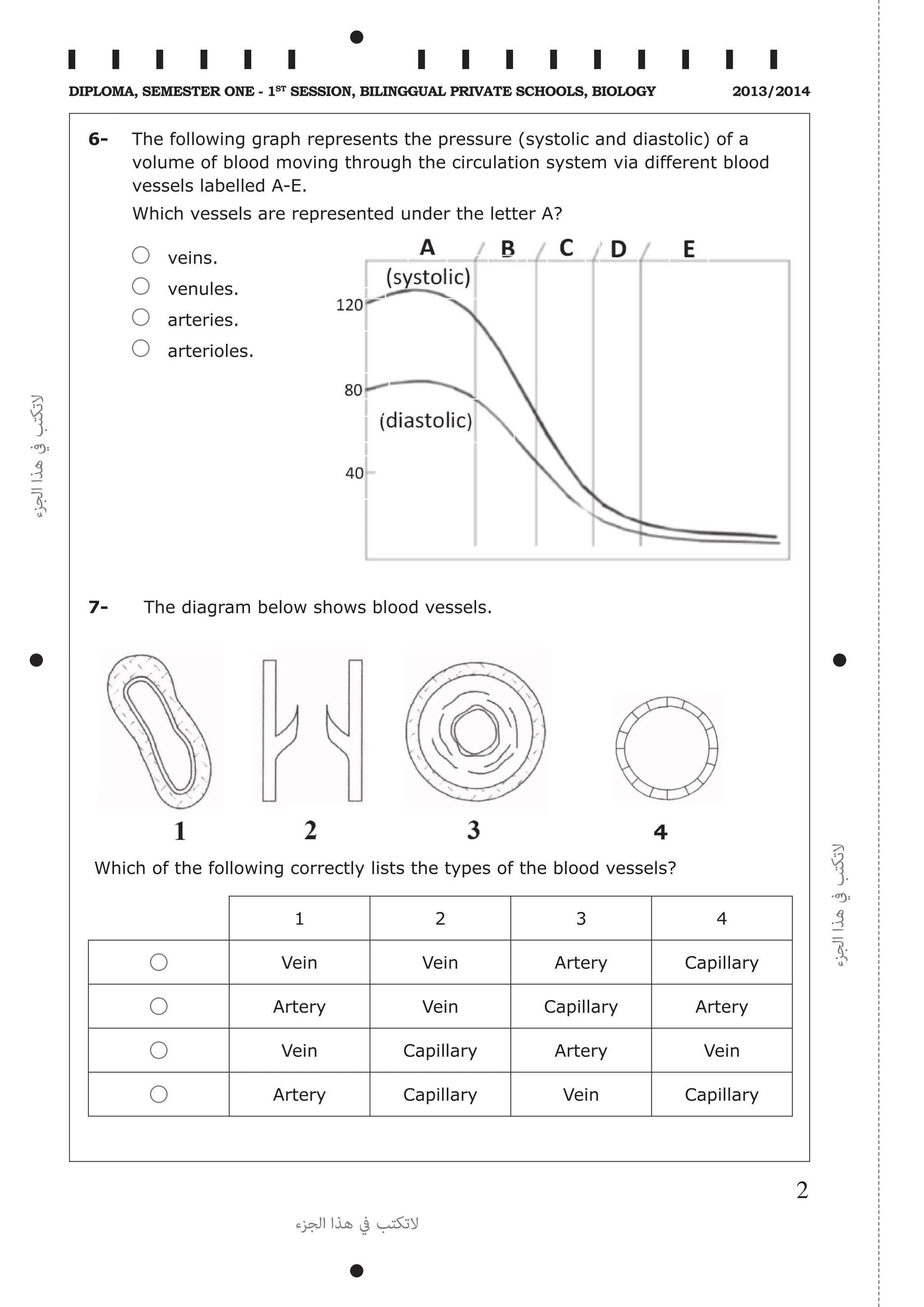 ‫الجزء‬‫هذا‬‫يف‬‫التكتب‬
‫الجزء‬‫هذا‬‫يف‬‫التكتب‬
‫الجزء‬ ‫هذا‬ ‫يف‬ ‫التكتب‬
2
Diploma, Semester One - 1st
Session, Bilinggual Private schools, Biology 2013/2014
6-	 The following graph represents the pressure (systolic and diastolic) of a
volume of blood moving through the circulation system via different blood
vessels labelled A-E.
	 Which vessels are represented under the letter A?
veins.
venules.
arteries.
arterioles.
7-	 The diagram below shows blood vessels.
Which of the following correctly lists the types of the blood vessels?
1 2 3 4
Vein Vein Artery Capillary
Artery Vein Capillary Artery
Vein Capillary Artery Vein
Artery Capillary Vein Capillary
4
 