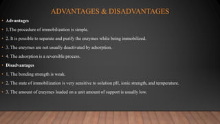 ADVANTAGES & DISADVANTAGES
• Advantages
• 1.The procedure of immobilization is simple.
• 2. It is possible to separate and purify the enzymes while being immobilized.
• 3. The enzymes are not usually deactivated by adsorption.
• 4. The adsorption is a reversible process.
• Disadvantages
• 1. The bonding strength is weak.
• 2. The state of immobilization is very sensitive to solution pH, ionic strength, and temperature.
• 3. The amount of enzymes loaded on a unit amount of support is usually low.
 