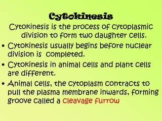 CytokinesisCytokinesis is the process of cytoplasmic division to form two daughter cells.Cytokinesis usually begins before nuclear division is  completed.Cytokinesis in animal cells and plant cells are different.Animal cells, the cytoplasm contracts to pull the plasma membrane inwards, forming groove called a cleavage furrow 