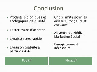    Produits biologiques et      Choix limité pour les
    écologiques de qualité        oiseaux, rongeurs et
                                  chevaux
   Tester avant d’acheter
                                 Absence du Média
                                  Marketing Social
   Livraison très rapide
                                 Enregistrement
   Livraison gratuite à          nécessaire
    partir de 45€

            Positif                      Négatif
 
